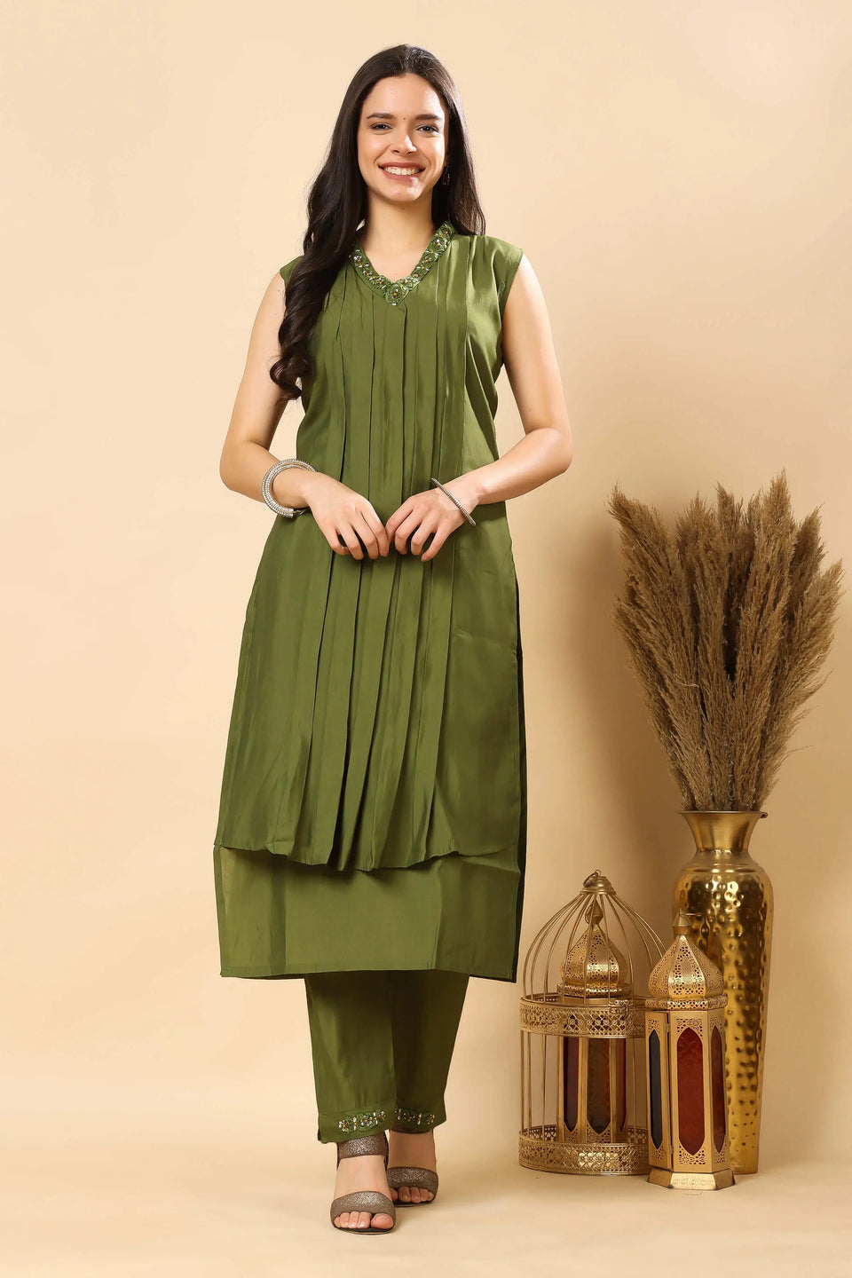 Women office wear kurti suit set in olive green
