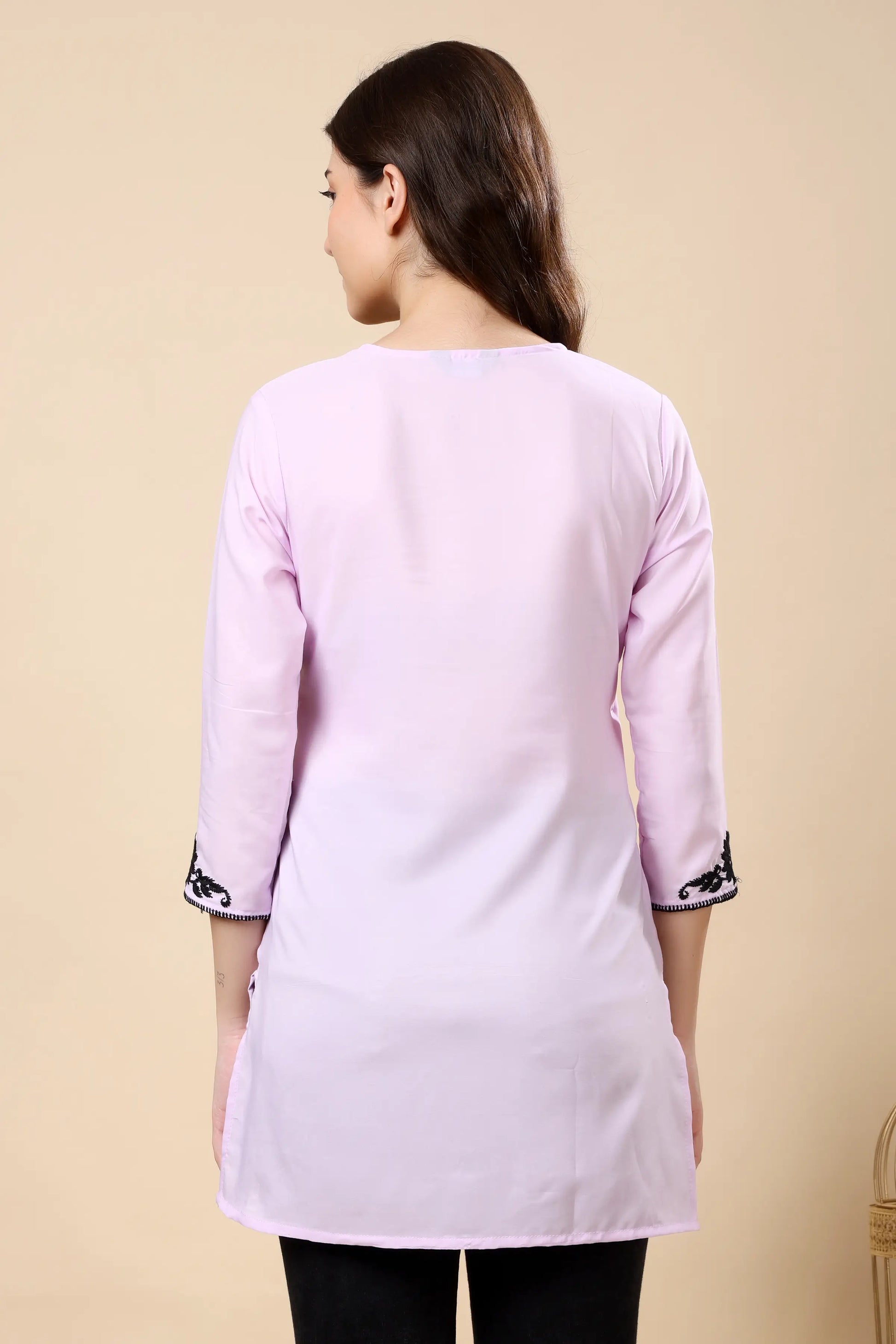 Lavender crepe kurti with black embroidery for women, ideal for stylish daily wear outfits
