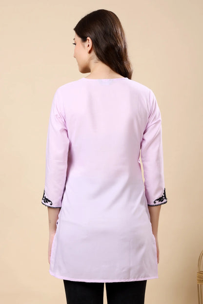 Lavender crepe kurti with black embroidery for women, ideal for stylish daily wear outfits