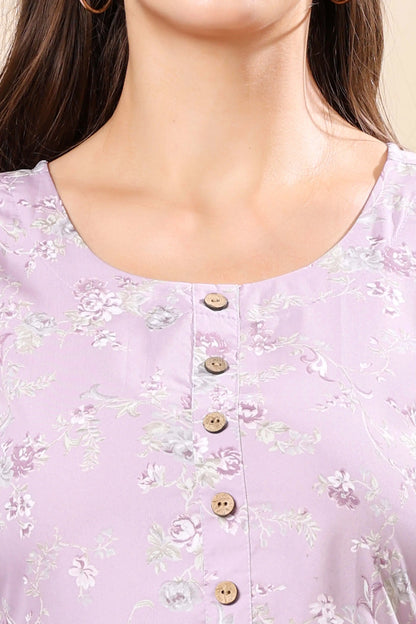 Close-Up of Floral Print and Button-Down Neckline