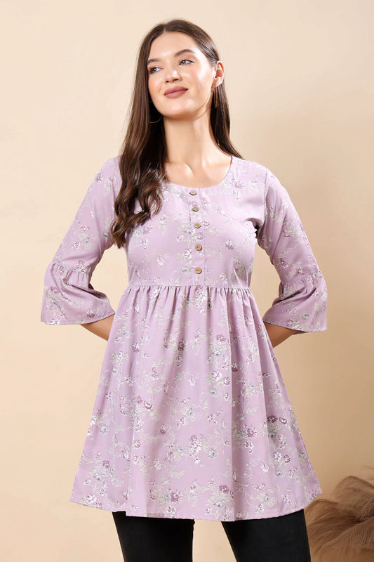 Lavender Floral Short Kurti for Women – Front View