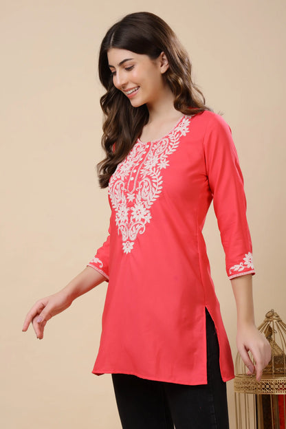 Rabric Women’s Coral Pink Crepe Short Kurti | Embroidered V Neck Short Kurti for Daily Wear, Office Wear & Casual Outings