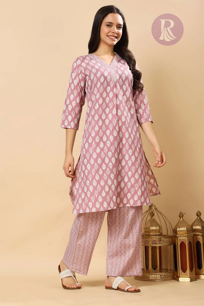 Long kurti with matching printed pant in cotton slub fabric by Rabric
