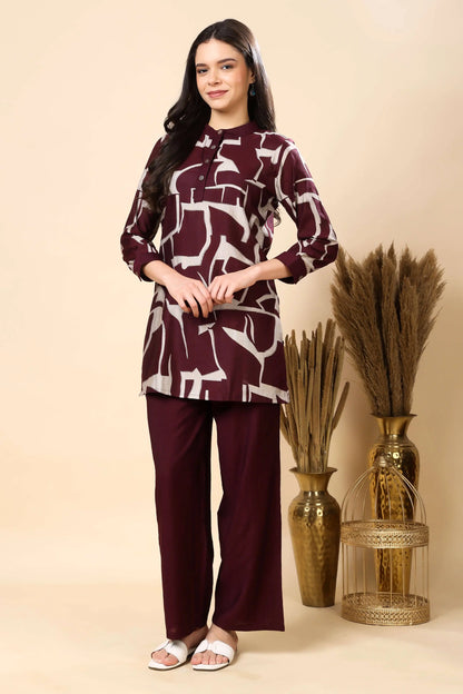 Rabric maroon Vertican silk co-ord set for women – front view