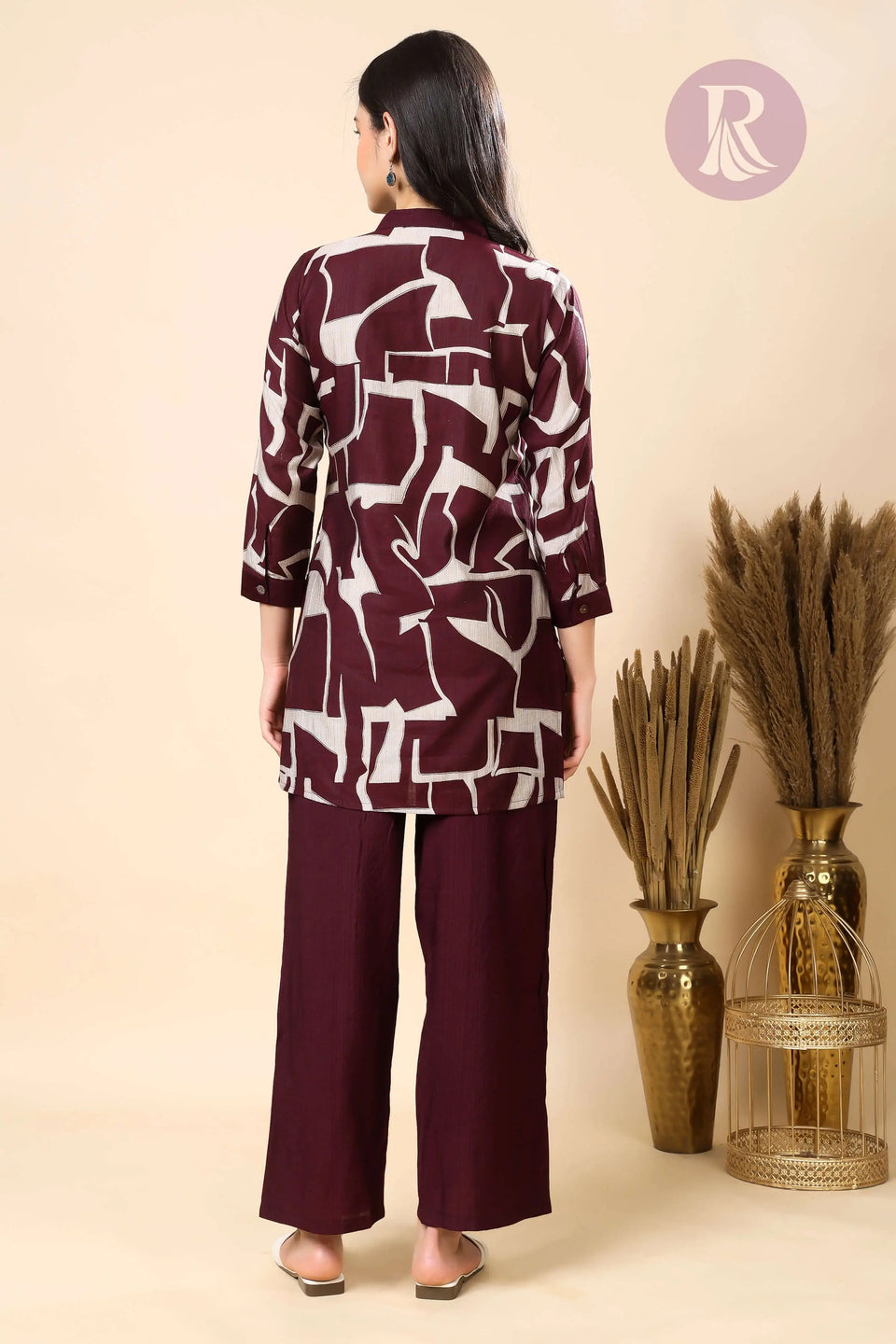 Women’s maroon Vertican silk co-ord top with collar and buttons by Rabric