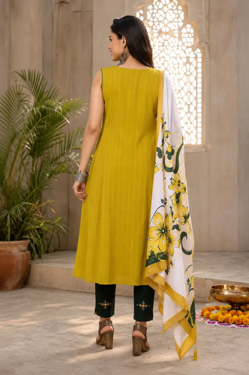 Back view of mustard yellow cotton long flair kurta pant set with dark green pants by Rabric