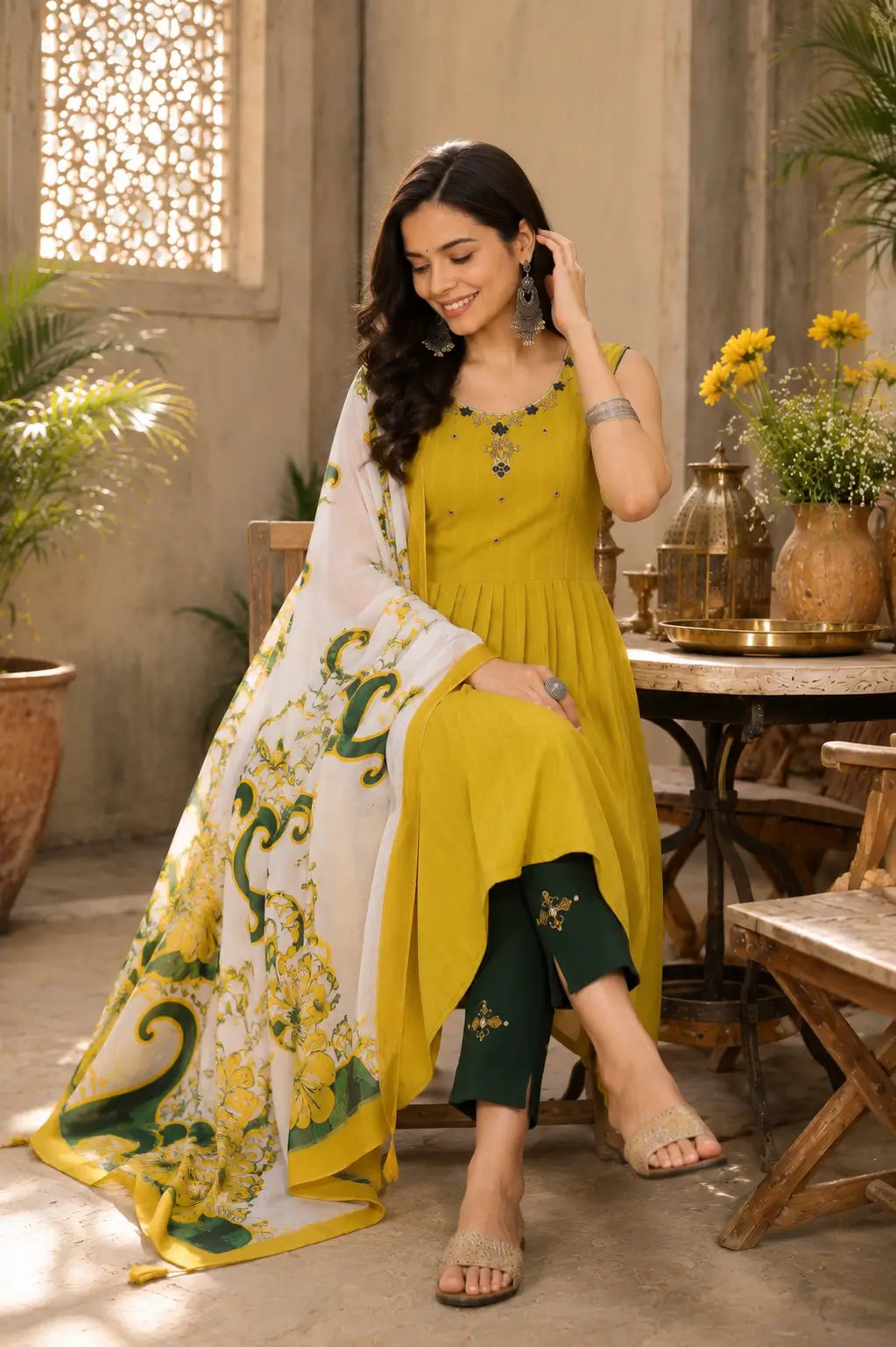 Lifestyle sitting pose of mustard yellow cotton kurta pant set with printed dupatta for women by Rabric