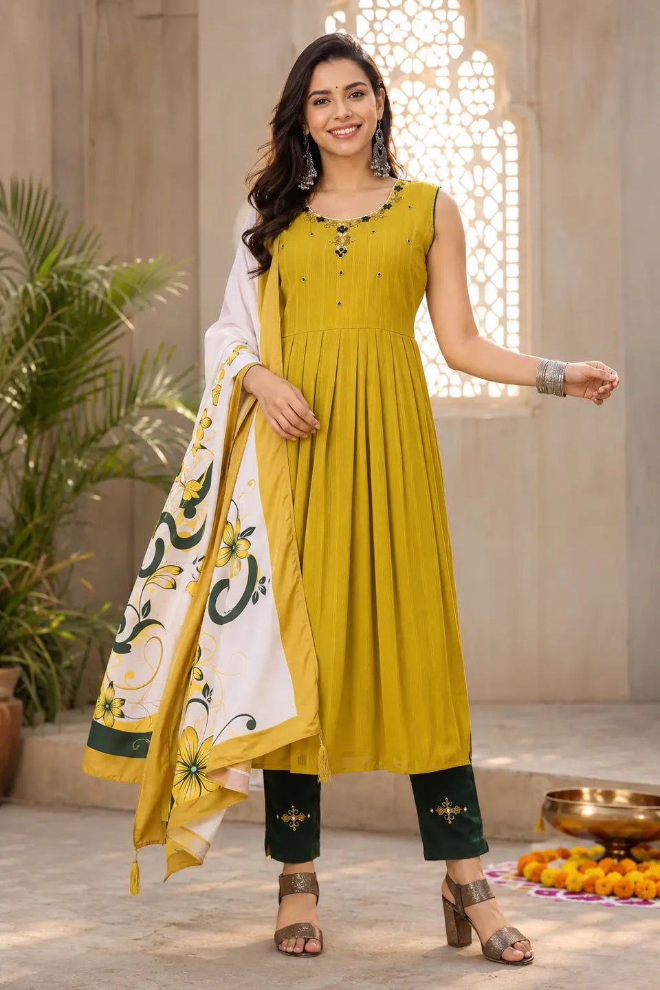 Women wearing mustard yellow cotton kurta pant set with floral printed dupatta lifestyle look by Rabric