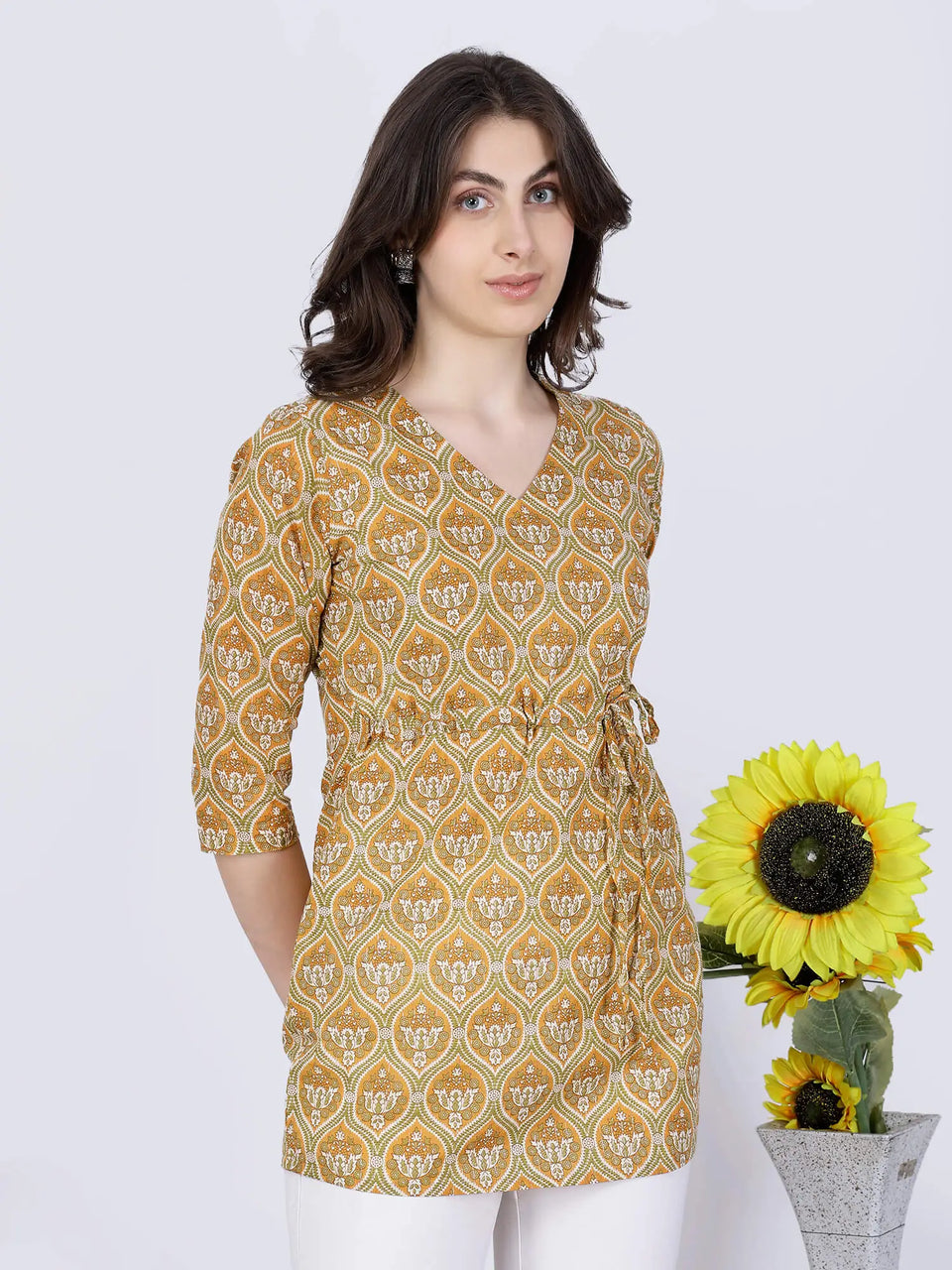 Side view of Mustard Yellow Floral Cotton Short Kurti for Women