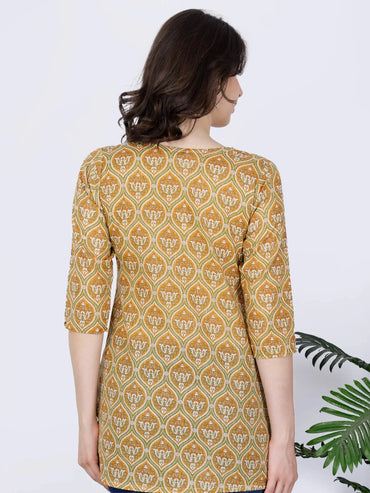 Back view of mustard yellow short kurti with ethnic print