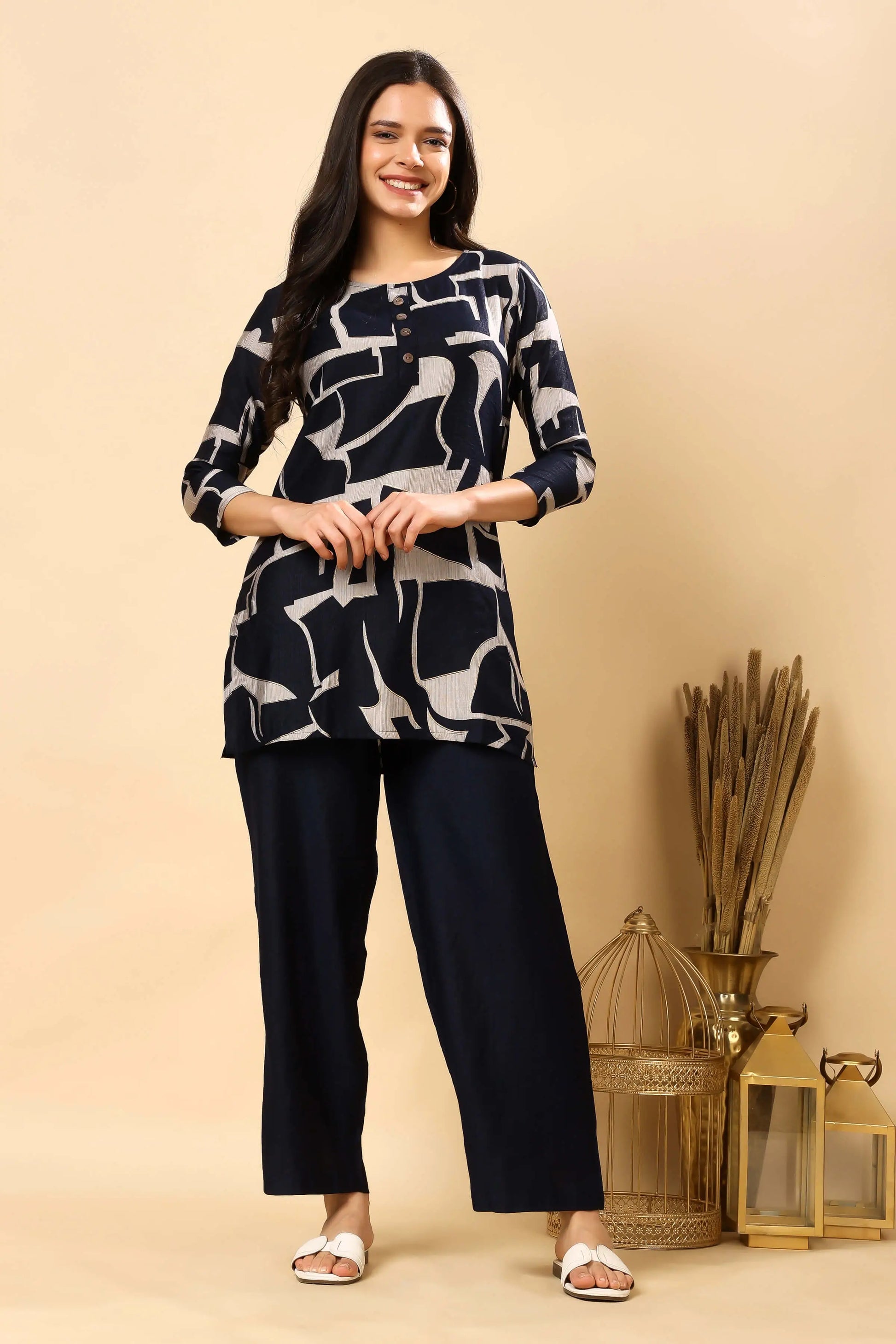 Navy vertican silk co-ord set for women with abstract print by Rabric