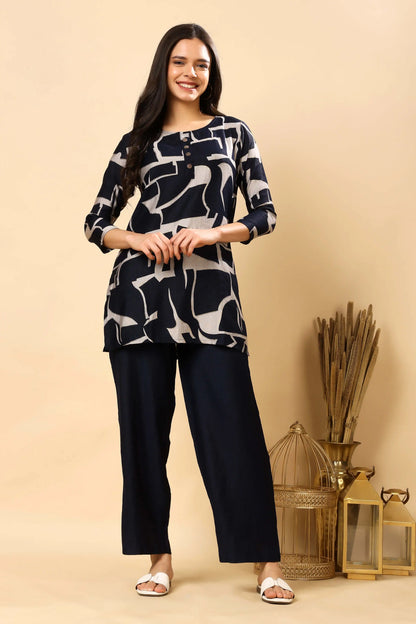 Navy vertican silk co-ord set for women with abstract print by Rabric