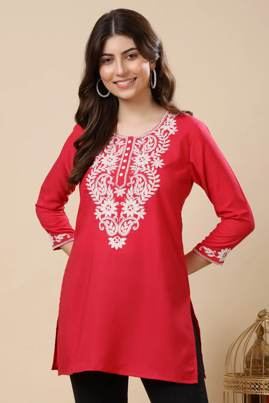 Neon Red Crepe Short Kurti for Women with embroidered neckline by Rabric for daily and office wear