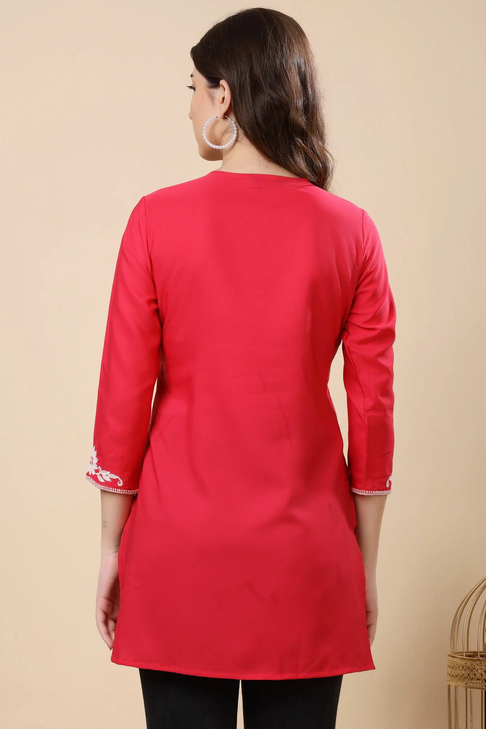 Detailed embroidered neckline on Neon Red embroidered crepe kurti for women