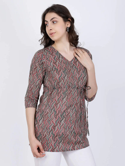 Cotton Rabric Short Kurti with V-Neck and Waist Tie-Up – Side View