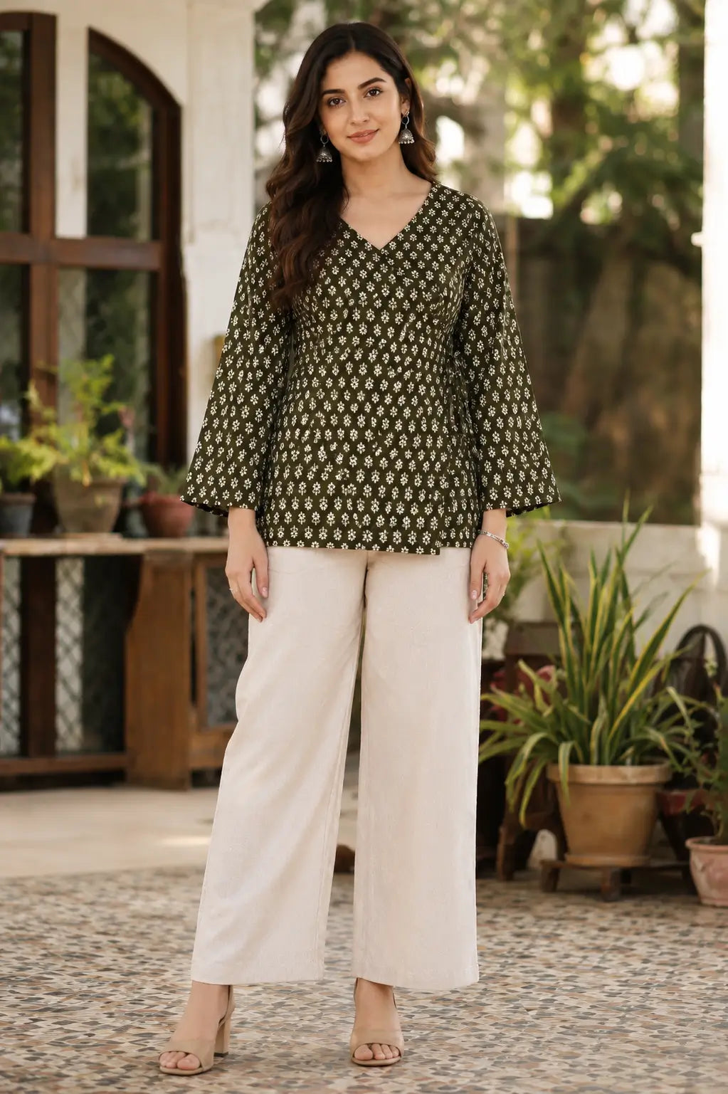 Rabric olive green Cotton floral printed short top for women with V neck, full bell sleeves and stylish cream palazzo front view.