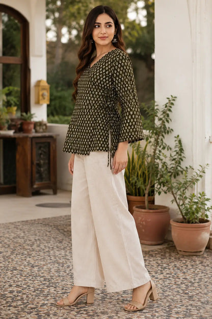 Rabric olive green Cotton floral short top side view with side dori design, hip length style and cream wide leg bottom.