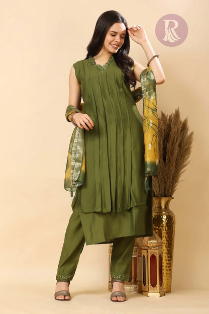 Olive green pleated kurti suit with dupatta for women