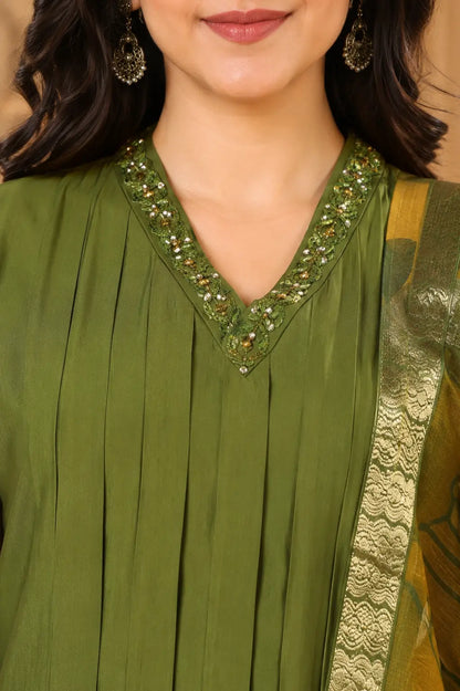 Closeup embroidered V neck design on olive green satin kurta for women with elegant ethnic detailing by Rabric