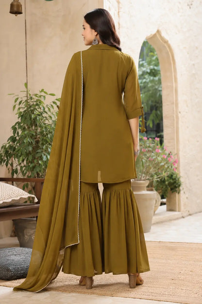 Back view of olive green satin kurta pant set with dupatta by Rabric featuring long flare kurta and designer sleeves