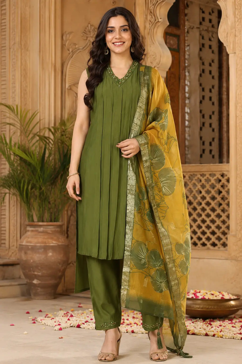 Women olive green satin kurta pant set with dupatta front view by Rabric, sleeveless long ethnic kurta for festive and casual wear