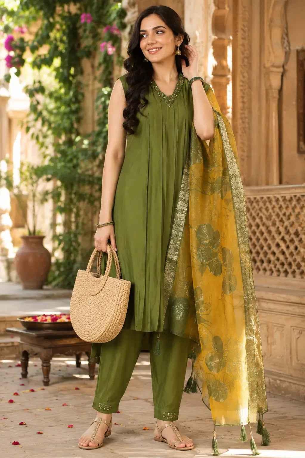 Women olive green satin kurta pant set with dupatta in lifestyle fashion shoot by Rabric Indian ethnic clothing