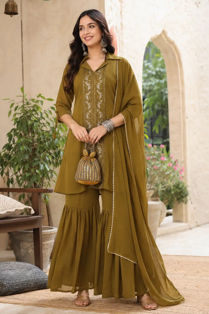 Rabric olive green satin kurta sharara set with dupatta front view for women featuring embroidered long kurta and flared sharara pants