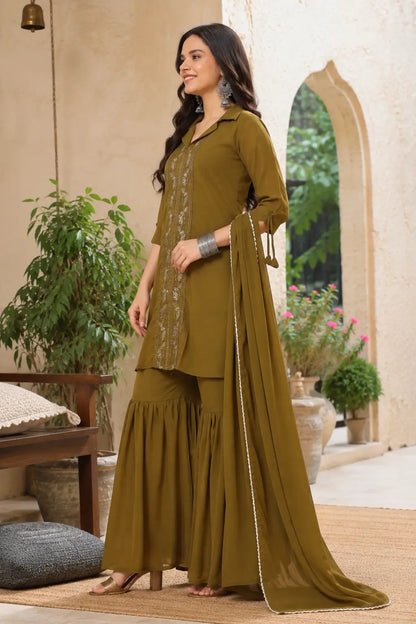 Side angle view of olive green satin sharara kurta set with dupatta for festive and wedding wear by Rabric