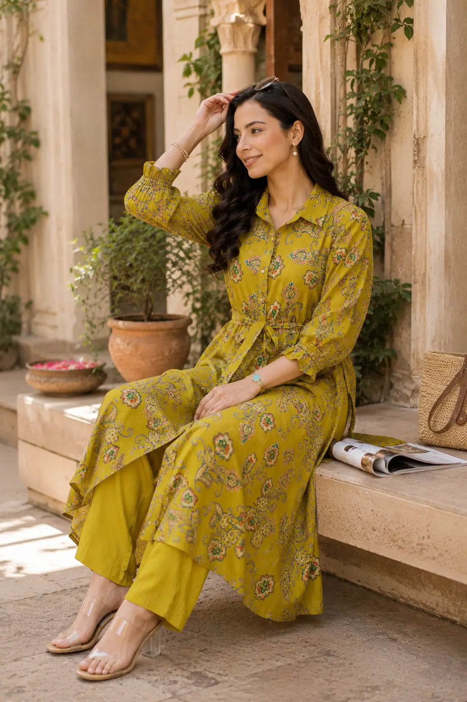 Lifestyle image of parrot green ethnic co-ord set for women