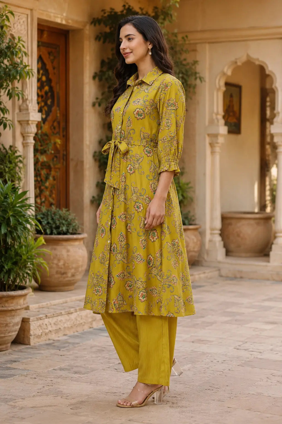 Side view of stylish 3/4 sleeve parrot green silk co-ord set