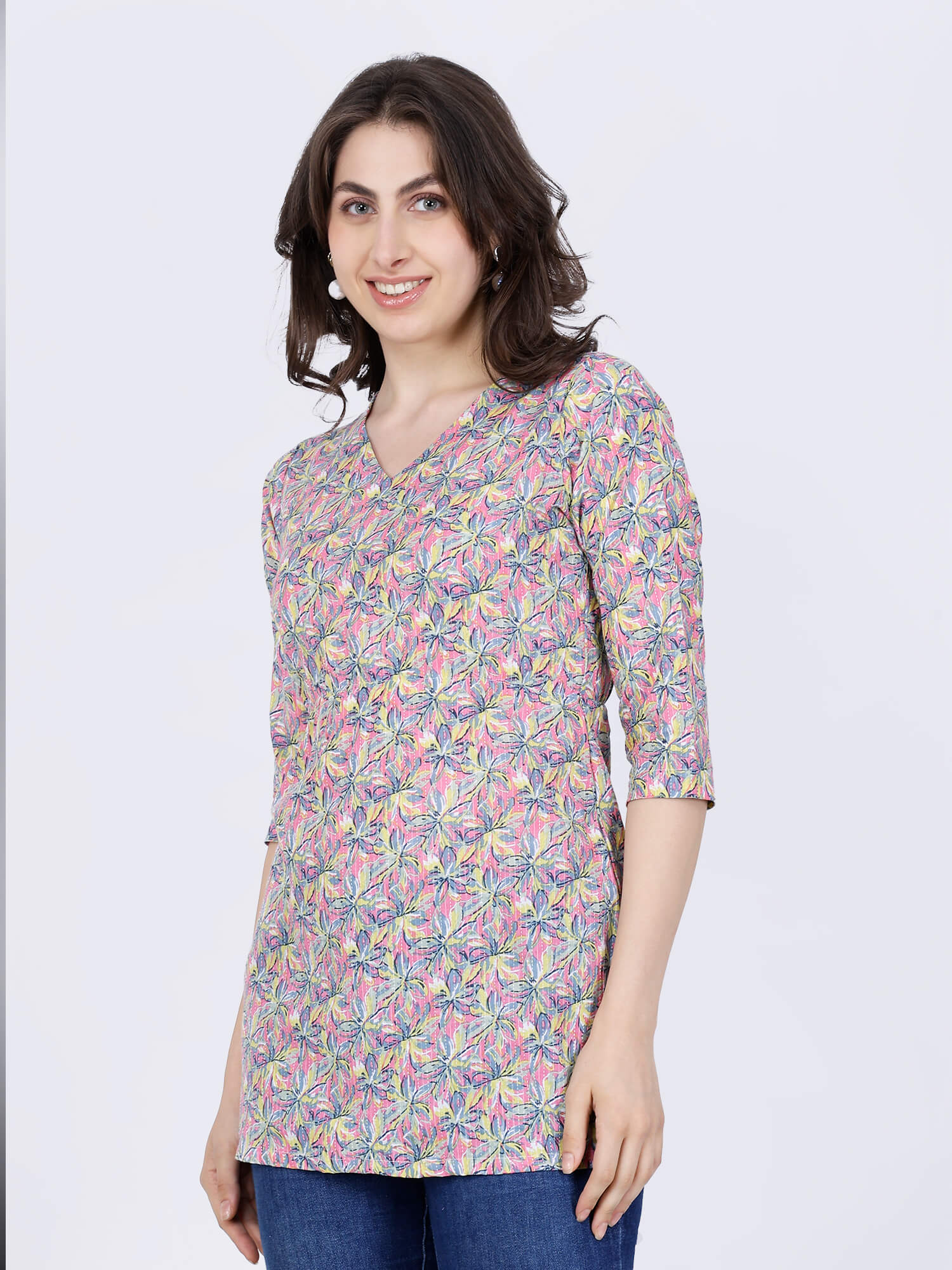 Pink yellow printed cotton kurti side profile