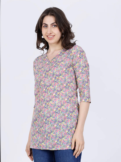 Pink yellow printed cotton kurti side profile
