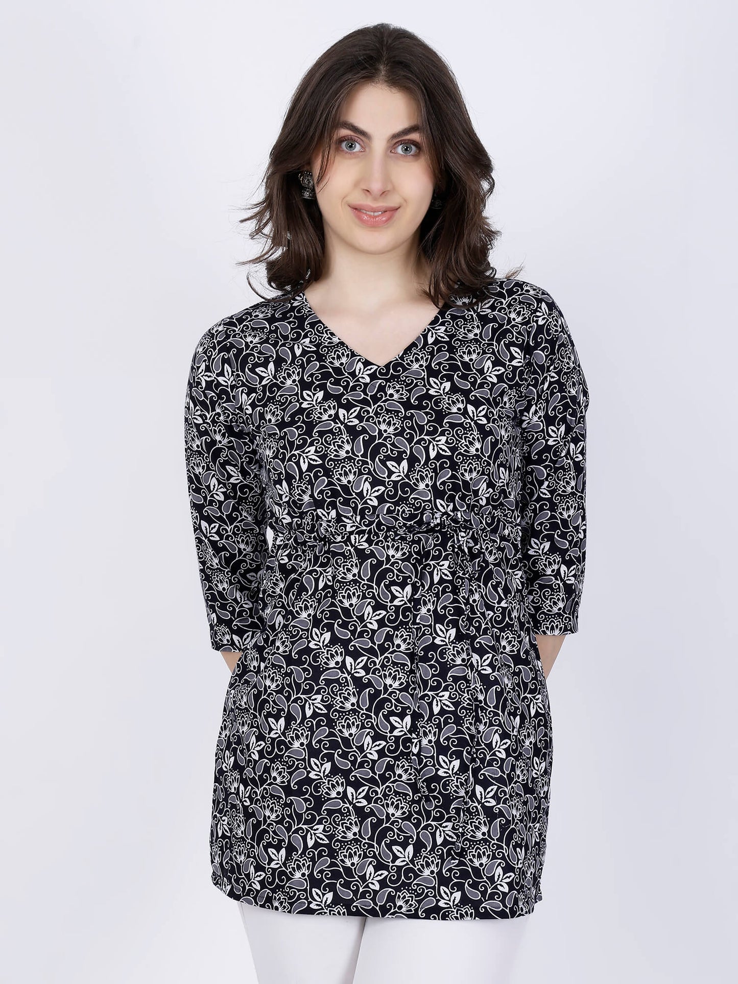 Front view of Premium Black & White Floral Short Kurti with waist tie-up by Rabric