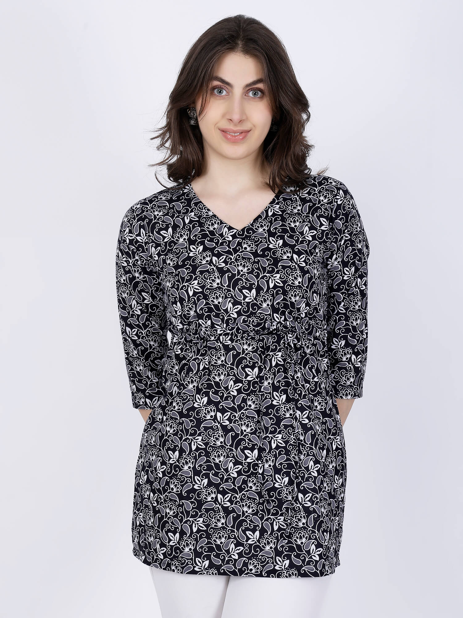 Front view of Premium Black & White Floral Short Kurti with waist tie-up by Rabric