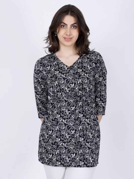 Front view of Premium Black & White Floral Short Kurti with waist tie-up by Rabric