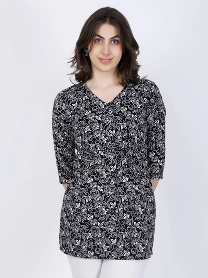 Front view of Premium Black & White Floral Short Kurti with waist tie-up by Rabric