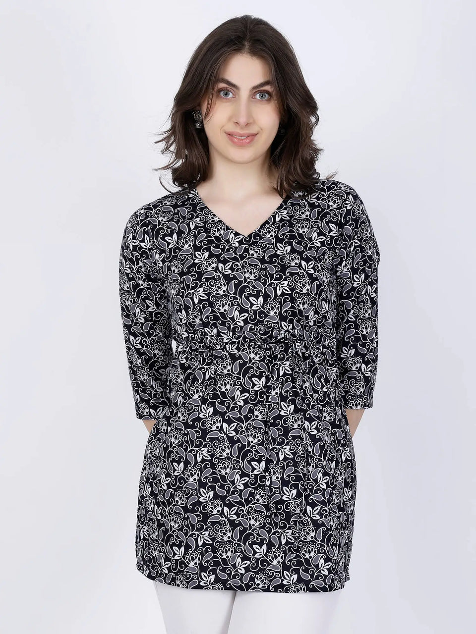 Front view of Premium Black & White Floral Short Kurti with waist tie-up by Rabric