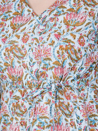 Close-Up View of Floral Print on Blue Cotton Short Kurti