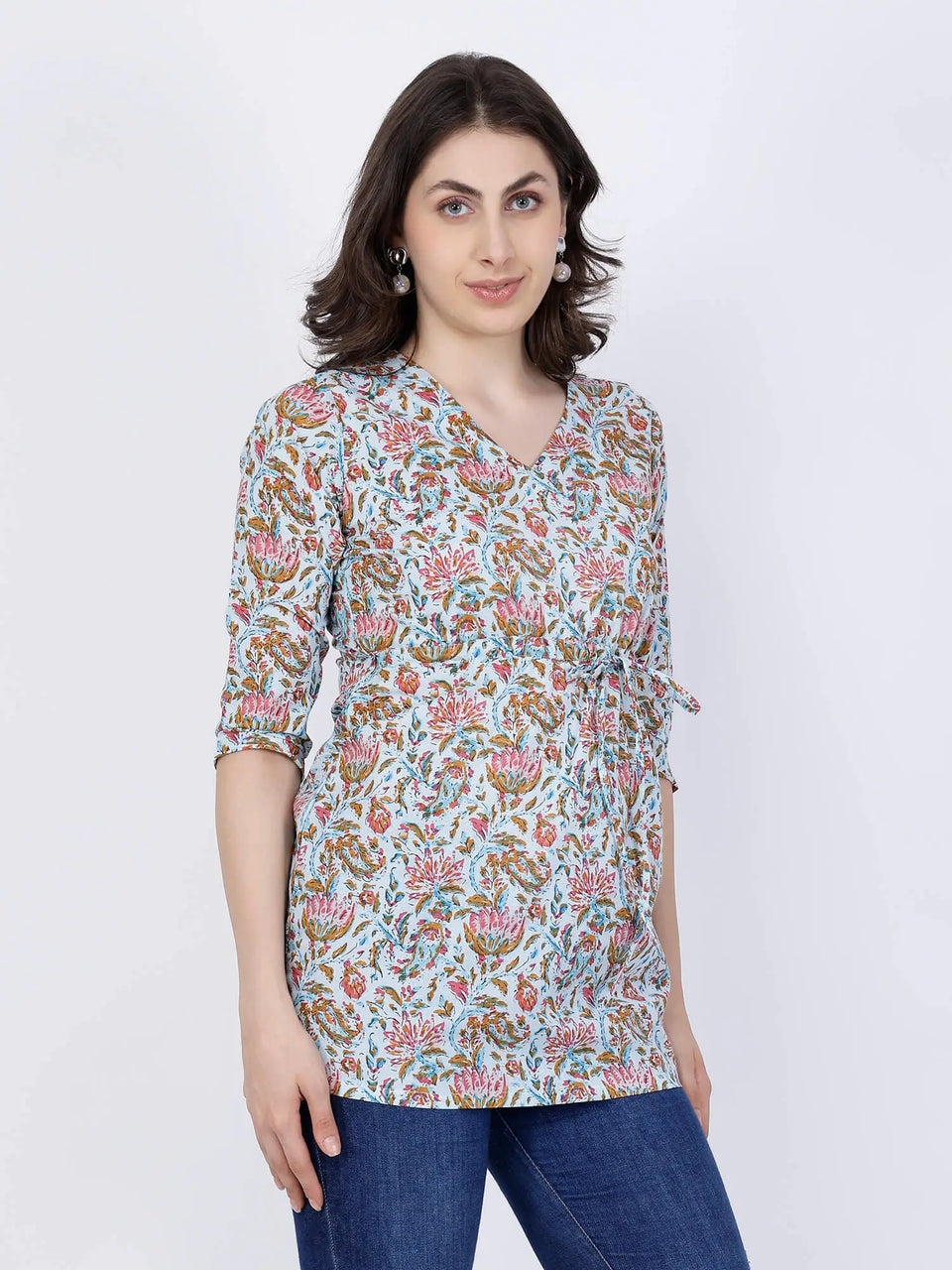 Side View of Premium Blue Floral Short Kurti with V-Neck