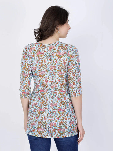 Back View of Premium Blue Floral Cotton Kurti by Rabric