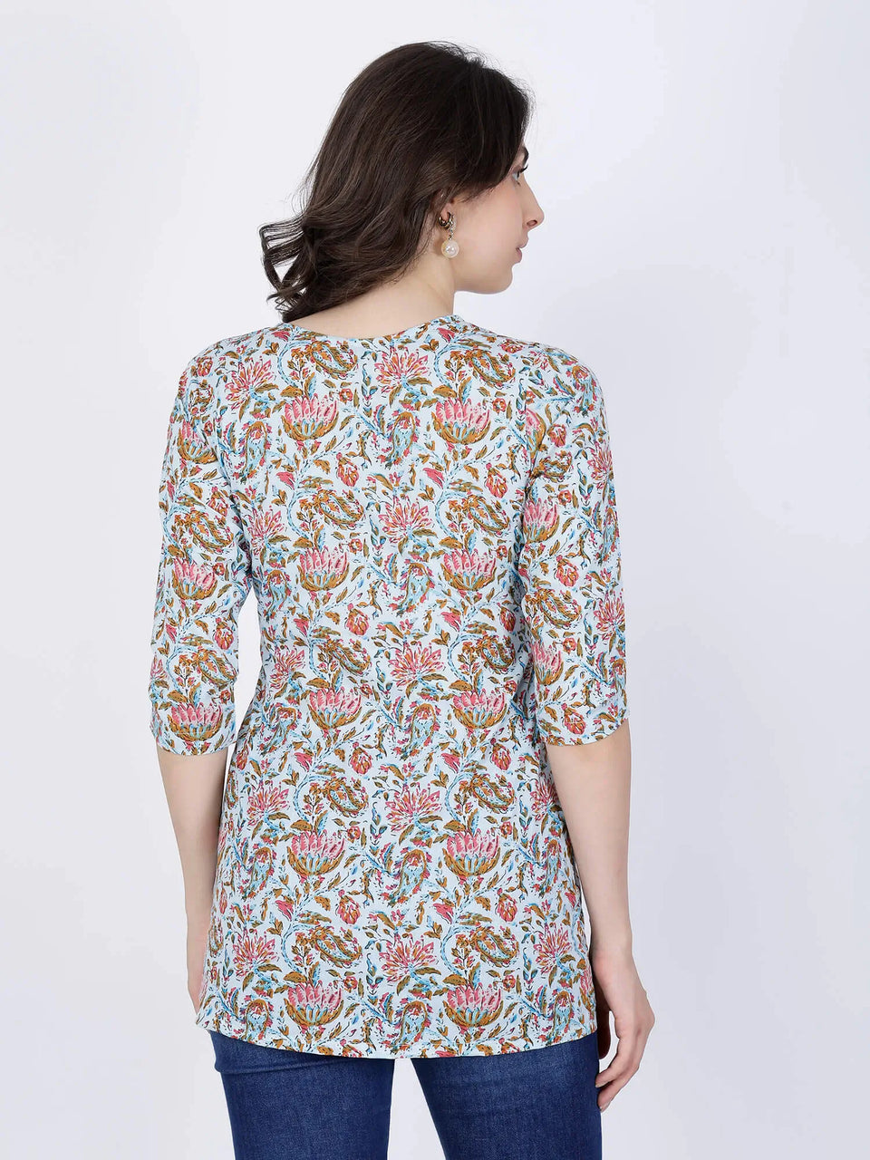 Back View of Premium Blue Floral Cotton Kurti by Rabric