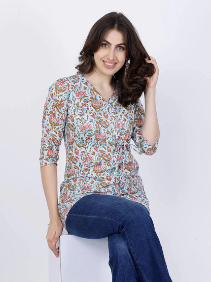 Flatlay Image of Premium Blue Floral Cotton Short Kurti by Rabric