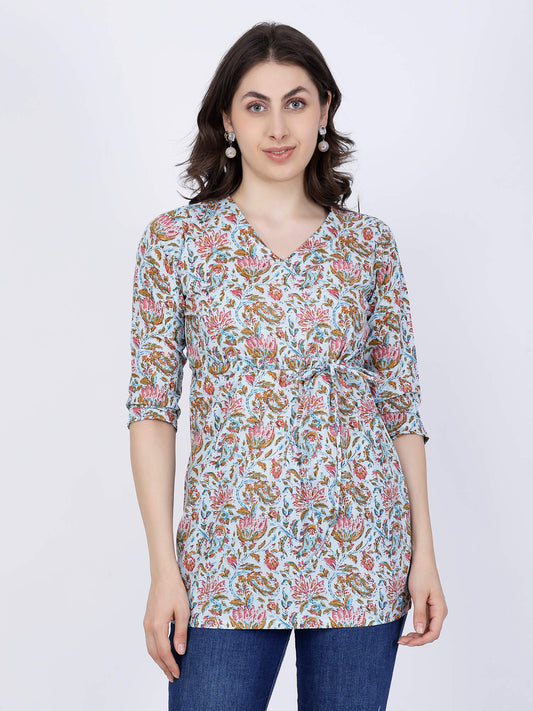 Premium Blue Floral Cotton Short Kurti with Waist Tie-Up by Rabric – Front View