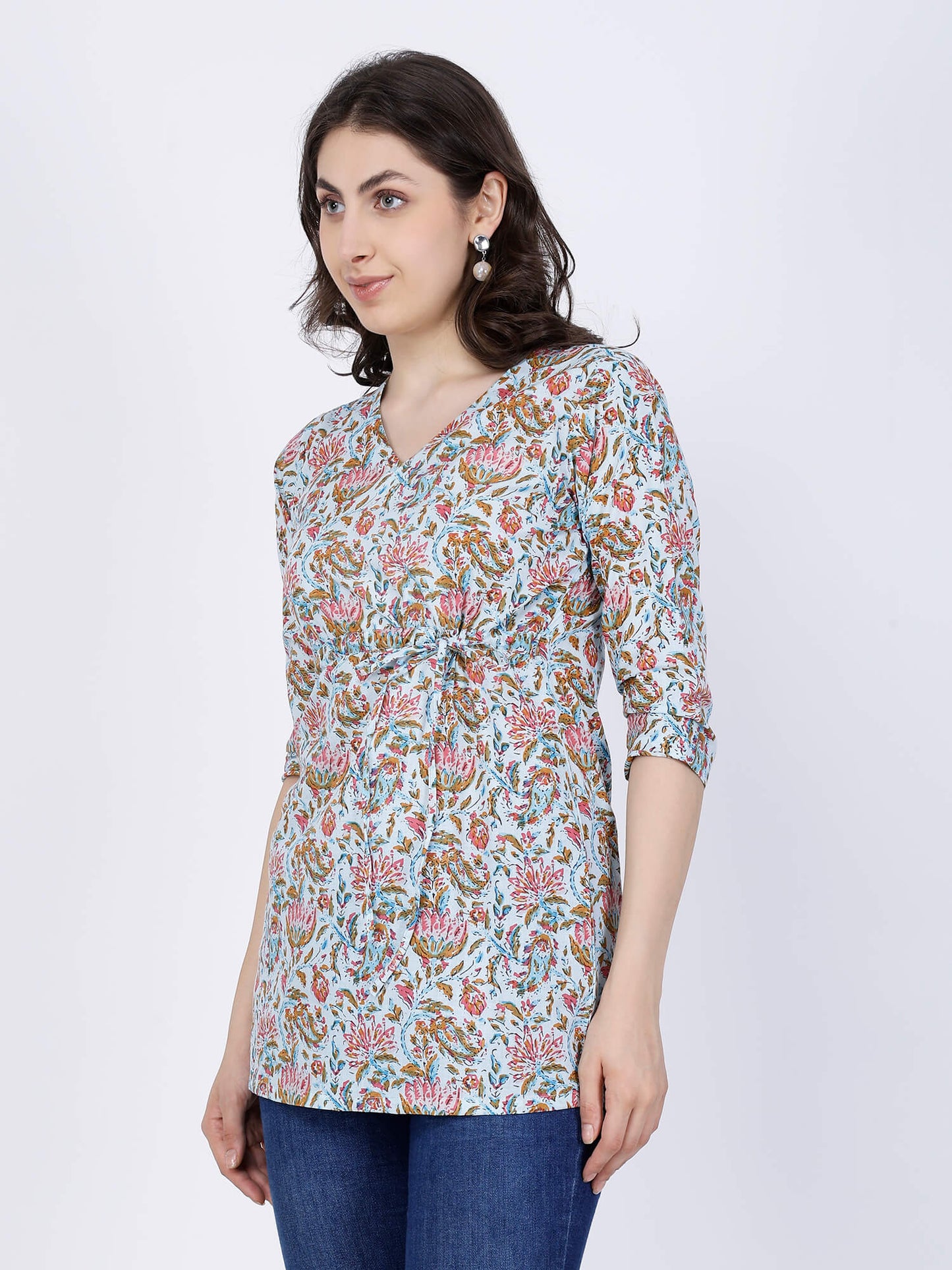 Side View of Premium Blue Floral Short Kurti with V-Neck