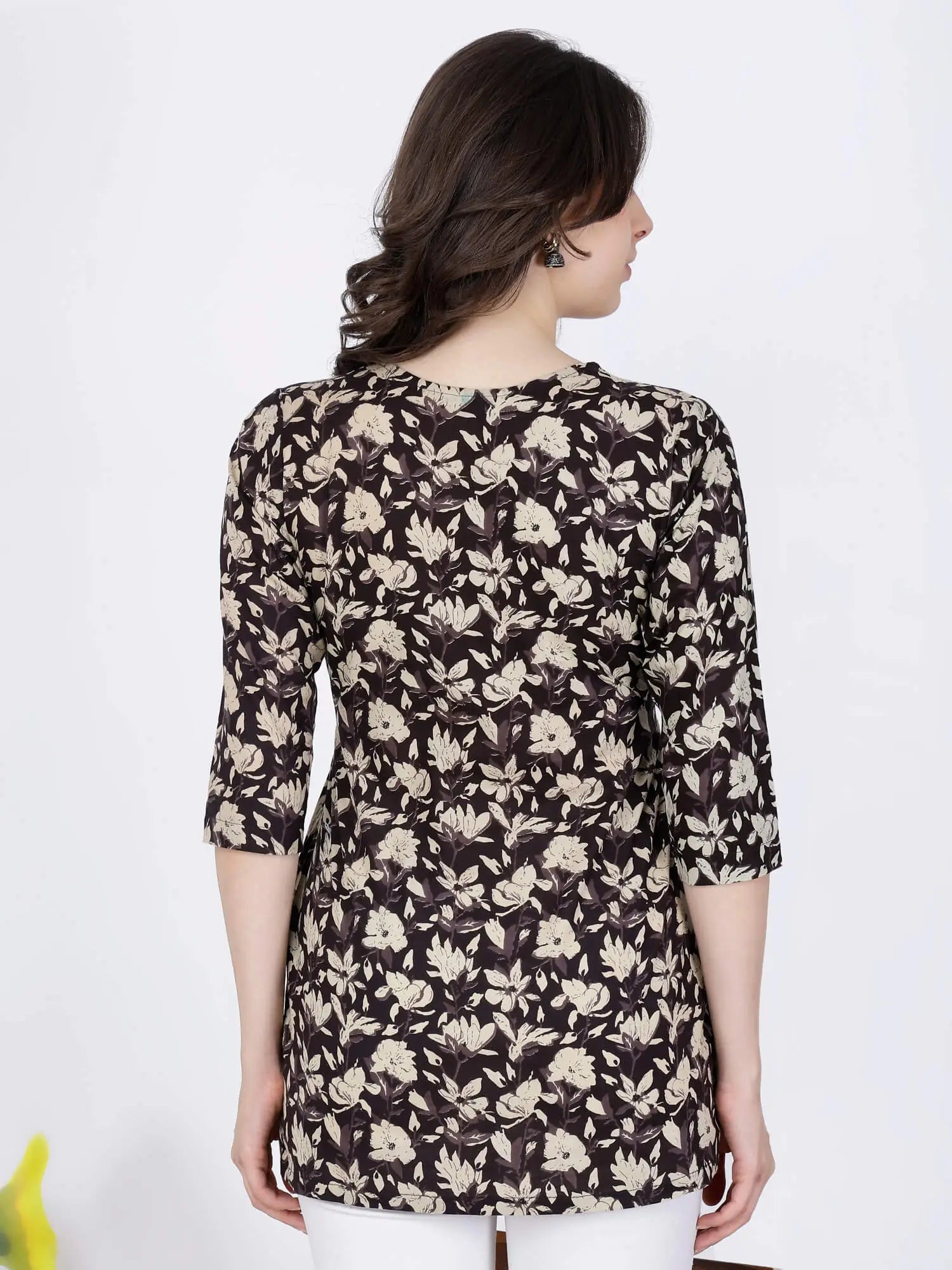 Cotton Floral Print Short Kurti with V-Neck for Women