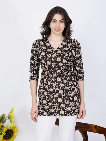Premium Brown & Beige Floral Short Kurti With Waist Tie-Up by Rabric