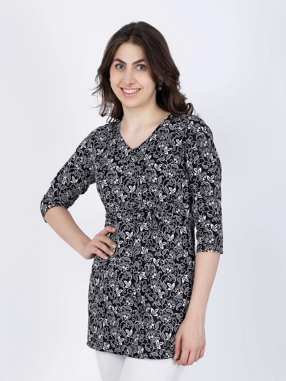 Rabric Floral Short Kurti styled for office wear