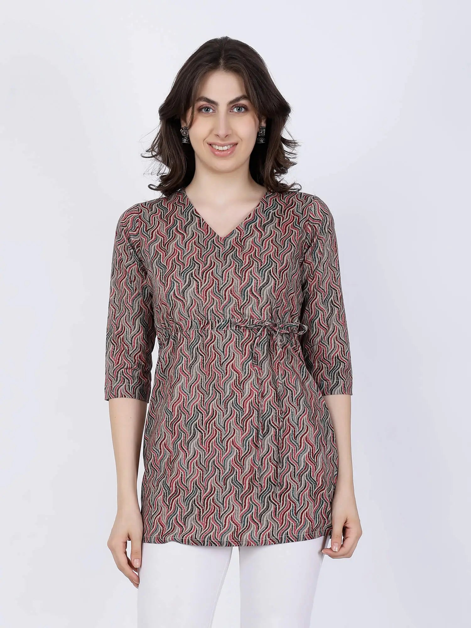 Premium Grey & Red Short Kurti With Waist Tie-Up by Rabric – Front View