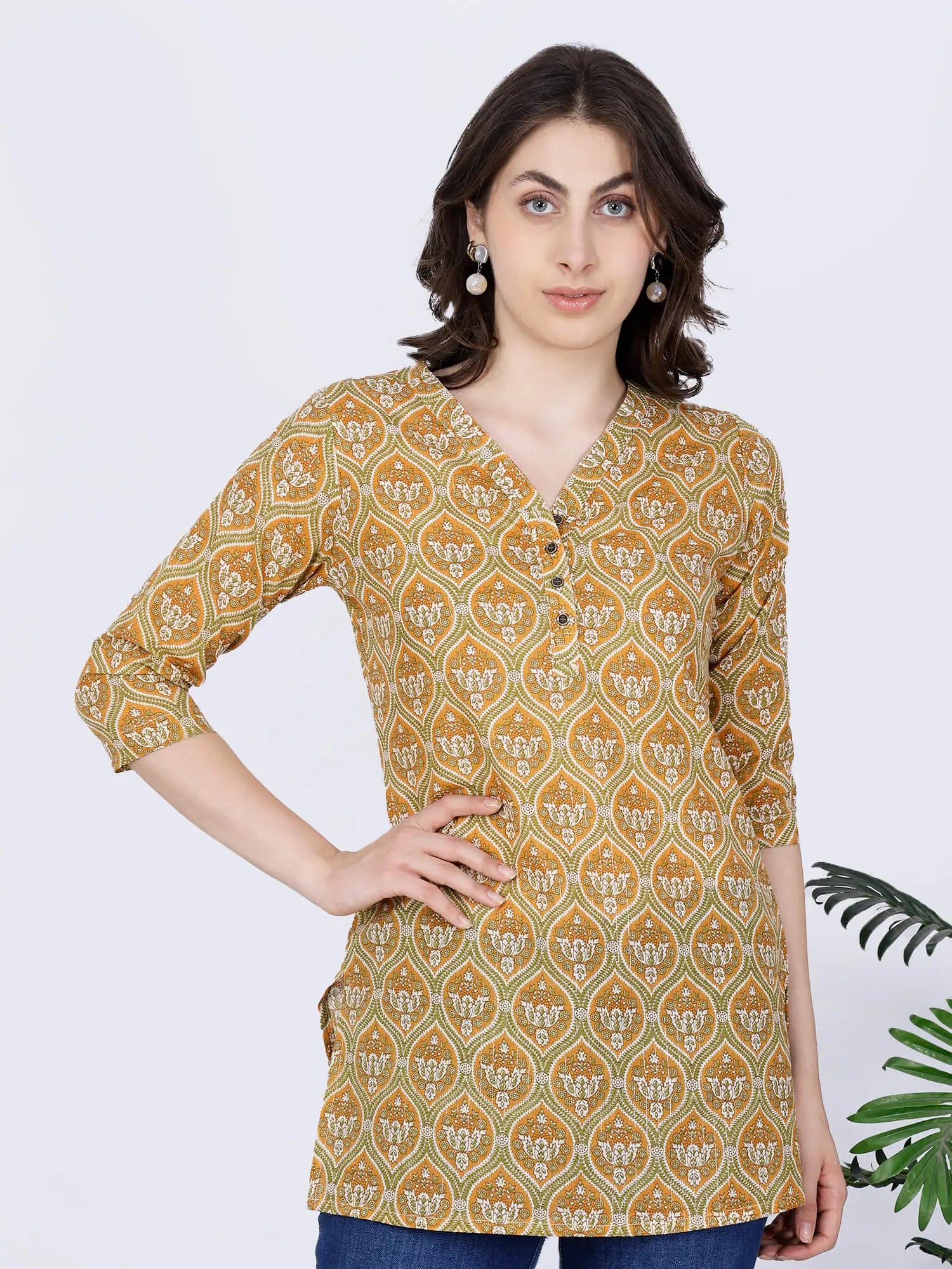 Premium mustard yellow cotton short kurti for women by Rabric