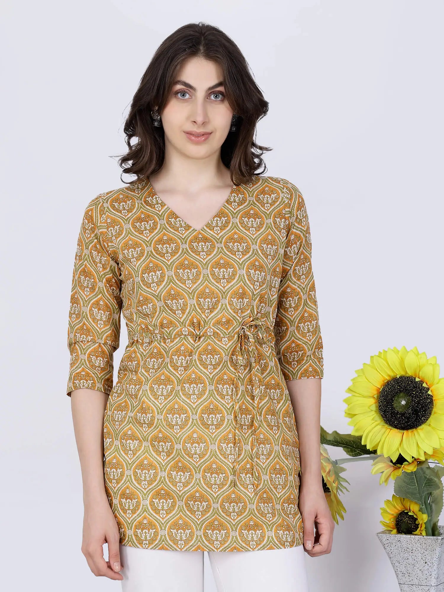 Premium Mustard Yellow Short Kurti with Adjustable Waist Tie-Up by Rabric